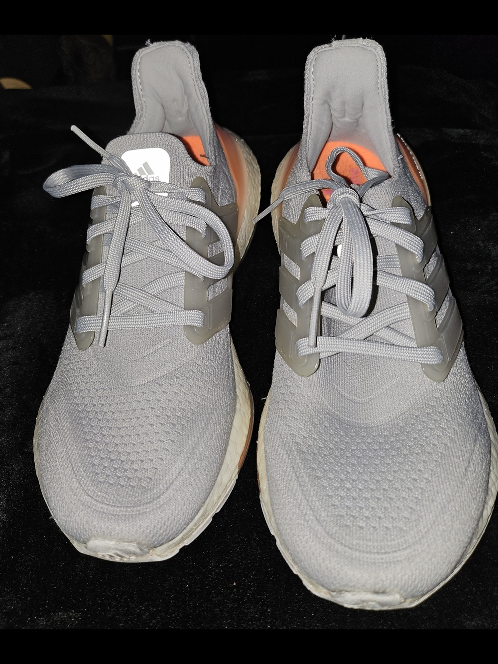 adidas Light Gray Knit Sneakers with Orange Heel Accent